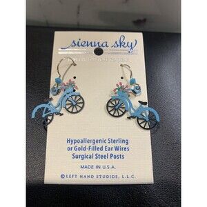 NWT Sienna Sky Jewelry Blue Bike Flowers in Basket Earrings Sterling (J202)